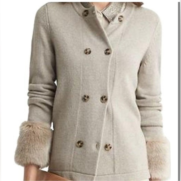 Banana Republic Cashmere Wool Blend Faux Fur Cuff Cardigan Beige Women’s Small - Picture 1 of 12